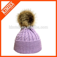 Hot sale knitted custom acrylic beanie hat with raccoon fur pom pom